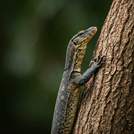 Monitor lizard climbing a tree trunk